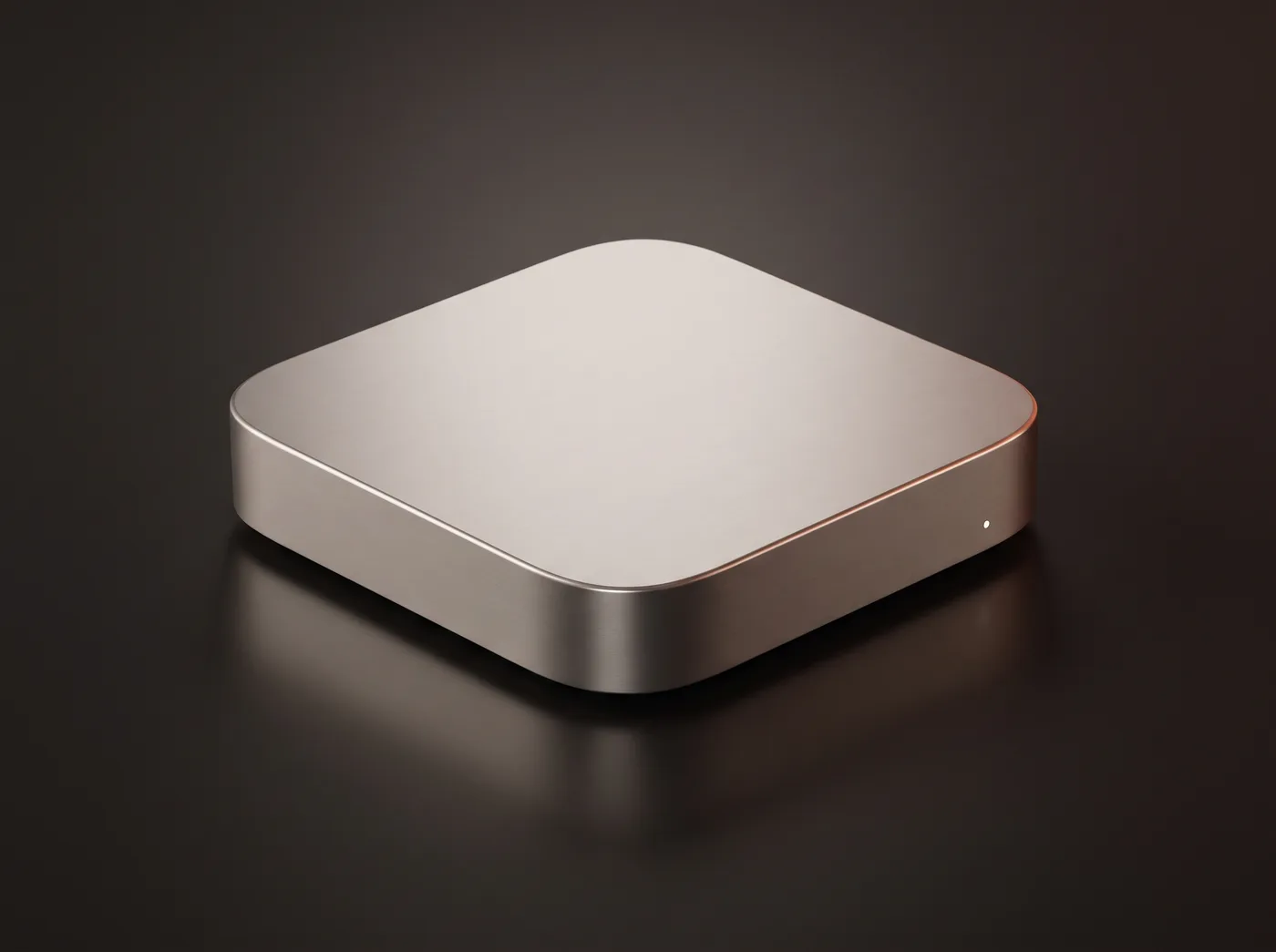 Mac mini (M4) 渲染示意图：银色方形迷你主机